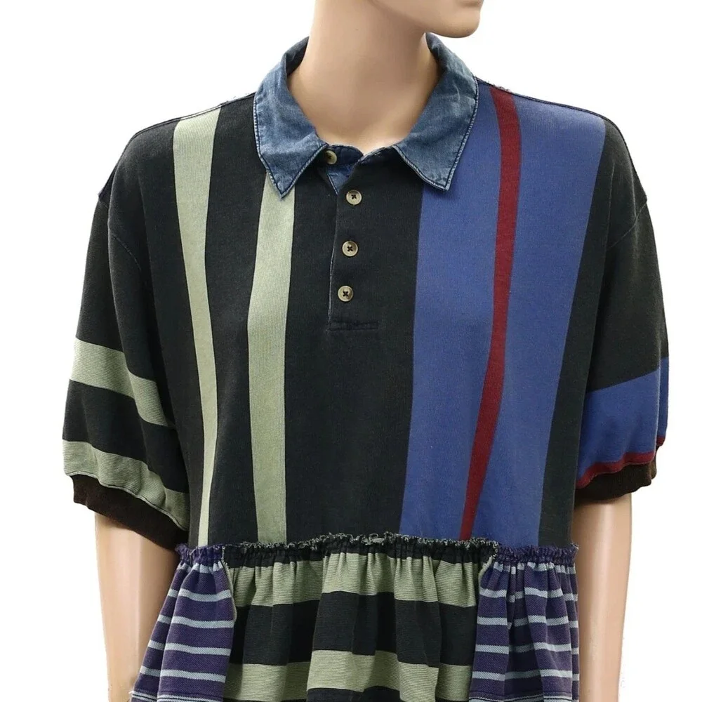 Free People Harbor Stripe Blouse Top Short Sleeves Print Ruffle Cotton S 290010